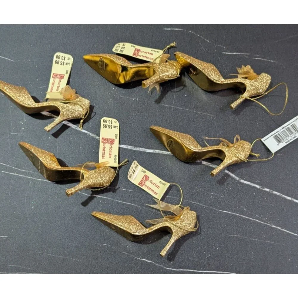 Christmas Gold‎ tone Glitter Pump shoe Ornaments - Pack Of 6 High Heel Décor